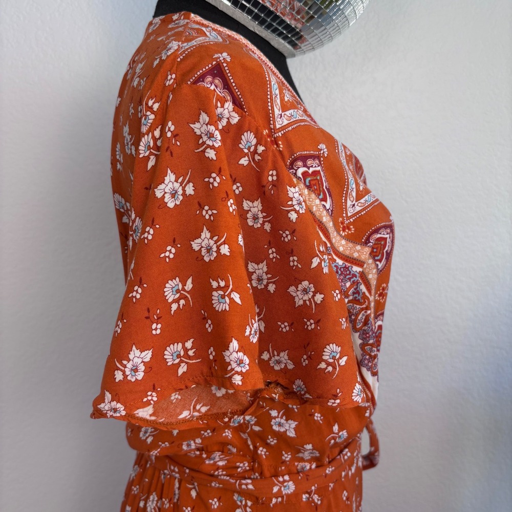 Bohemian‎ Floral Wrap Maxi Dress, Size Large Rust Orange Paisley Hippie Prairie - Picture 16 of 16